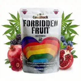 CANNAShock Forbidden Fruit Sex Gummies Verpackung mit fruchtigem Design für Genussmomente ab 18 Jahren