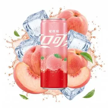 Coca Cola Peach Dose 330ml mit fruchtigem Pfirsichgeschmack vor hellem Hintergrund