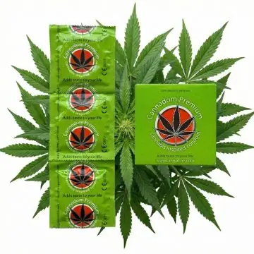 Euphoria Cannadom Premium Cannabis Kondome Verpackung mit grünem Hanfblatt