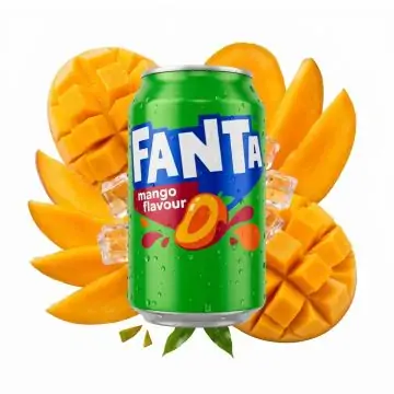330-ml-Dose Fanta Mango mit spritzigem Design vor hellem Hintergrund