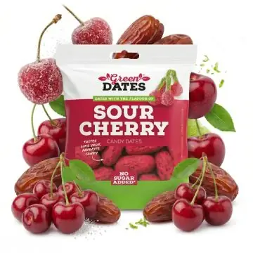Green Dates Datteln Sour Cherry von POPY TRADE – der saure Frucht-Snack in der praktischen Verpackung