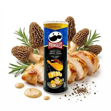 Pringles French Style Chicken Twister Morel Mushroom 80g Importdose mit Hühnchen- und Pilz-Geschmack