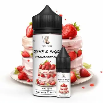 POPY TRADE Shake & Enjoy Strawberry Cake Aroma Flasche vor einem hellen, neutralen Hintergrund