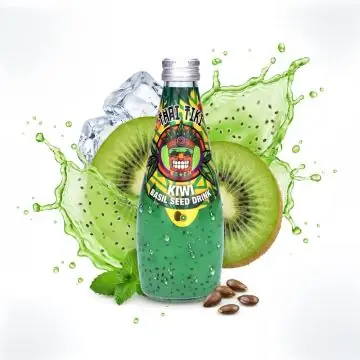 Eine Flasche Thai Tiki Basil Seed Kiwi Basilikumsamengetraenk mit Kiwi-Geschmack
