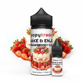 POPY TRADE Shake & Enjoy Strawberry Cake Aroma Flasche vor hellem Hintergrund für Backen und Shakes