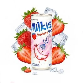 Lotte Milkis Erdbeere: kermainen ja maitoinen mansikkavirvoitusjuoma 250 ml:n t&ouml;lkiss&auml;, etiketti edess&auml;