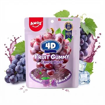 Amos Gummy 4D Grape Burst 65g : gummies en forme de grappe de raisin avec cœur juteux dans le sachet